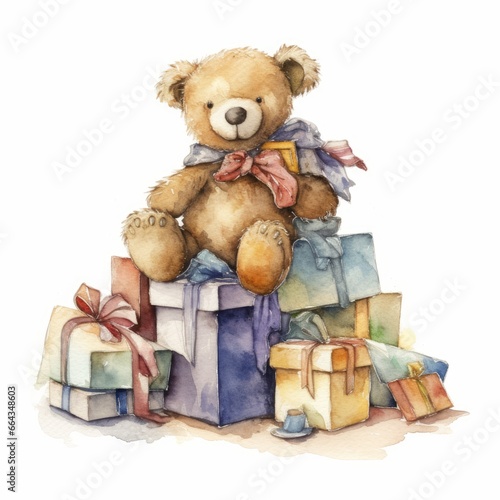 Watercolor teddy bear with a pile of wrapped presents, single, white background. AI generated © PandaStockArt