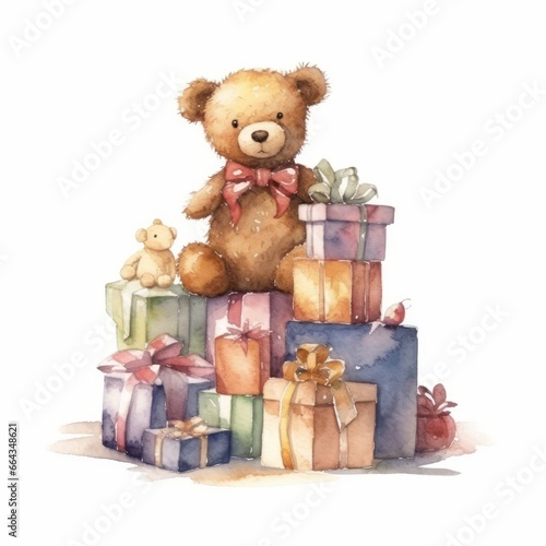 Watercolor teddy bear with a pile of wrapped presents, single, white background. AI generated © PandaStockArt