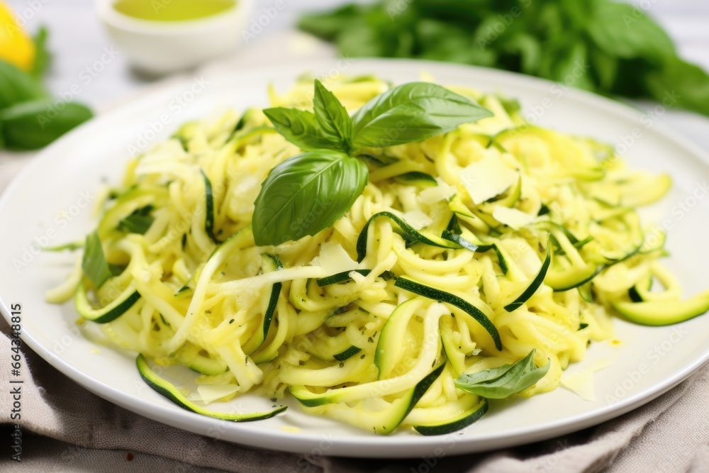 alfredo zucchini noodles with chopped basil leaves