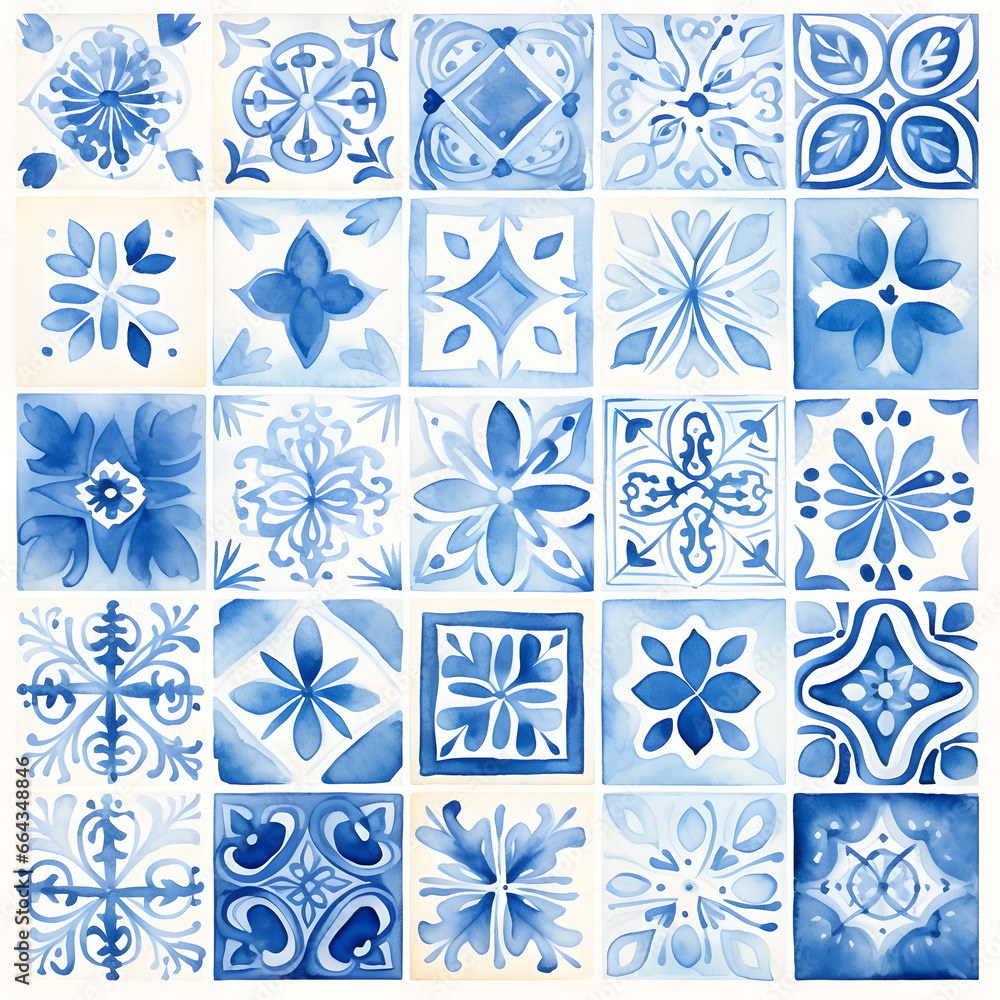Rustic blue tile watercolor seamless pattern. Pattern of azulejos tiles Rustic blue tile watercolor seamless pattern. Pattern of azulejos tiles