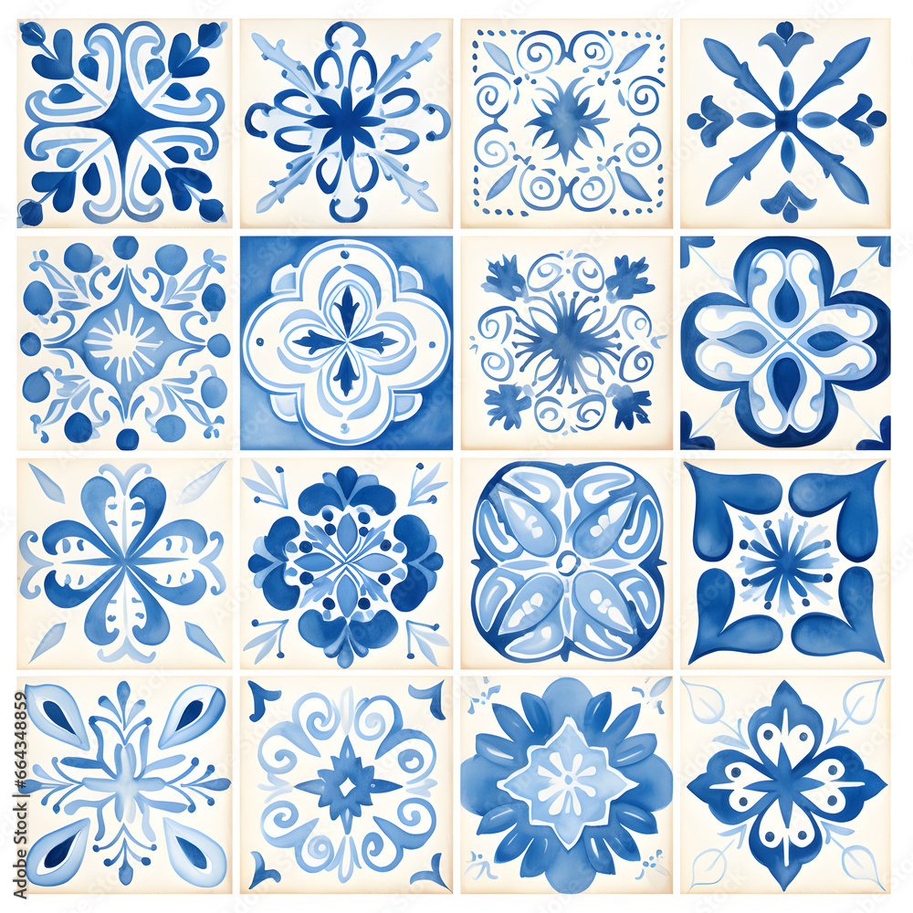 Rustic blue tile watercolor seamless pattern. Pattern of azulejos tiles Rustic blue tile watercolor seamless pattern. Pattern of azulejos tiles