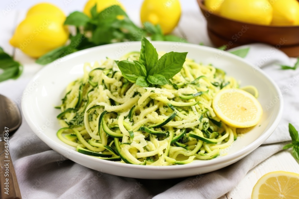 alfredo zucchini noodles with chopped basil leaves