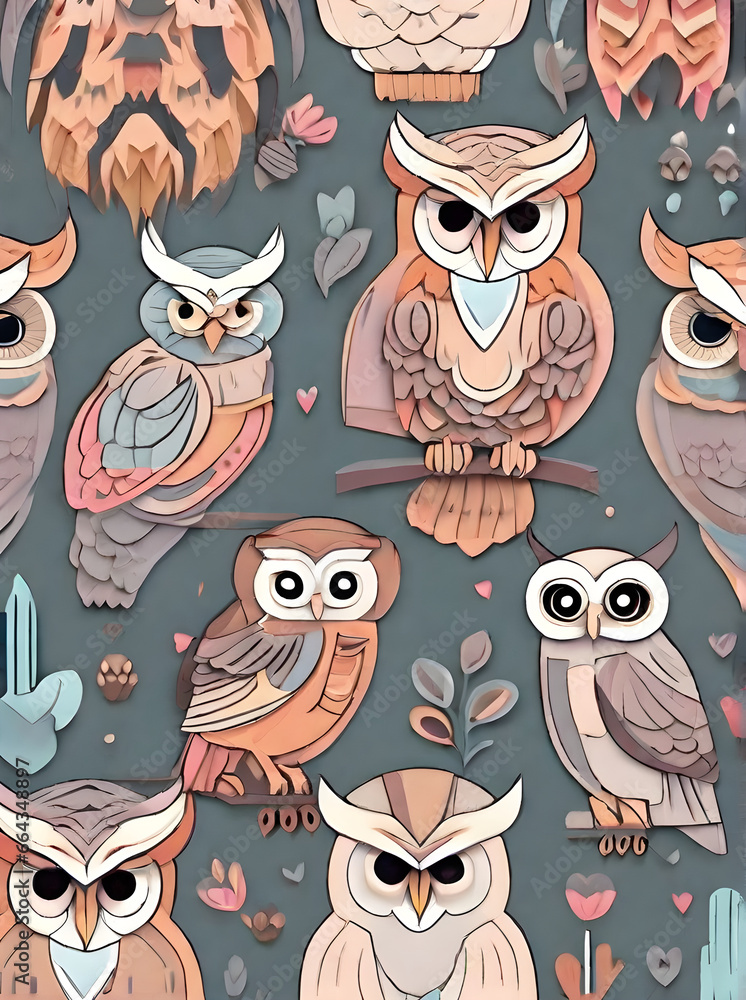 Obraz premium Owls painted background knolling papercutstyle pastel tones