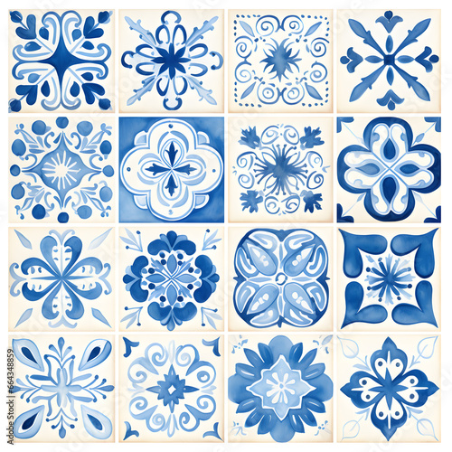 Rustic blue tile watercolor seamless pattern. Pattern of azulejos tiles