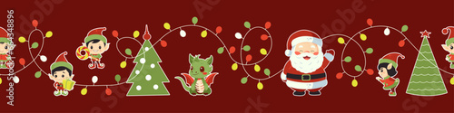 Christmas seamless stripe pattern on a red background. Santa Claus with elves, dragon, Christmas trees, garland.