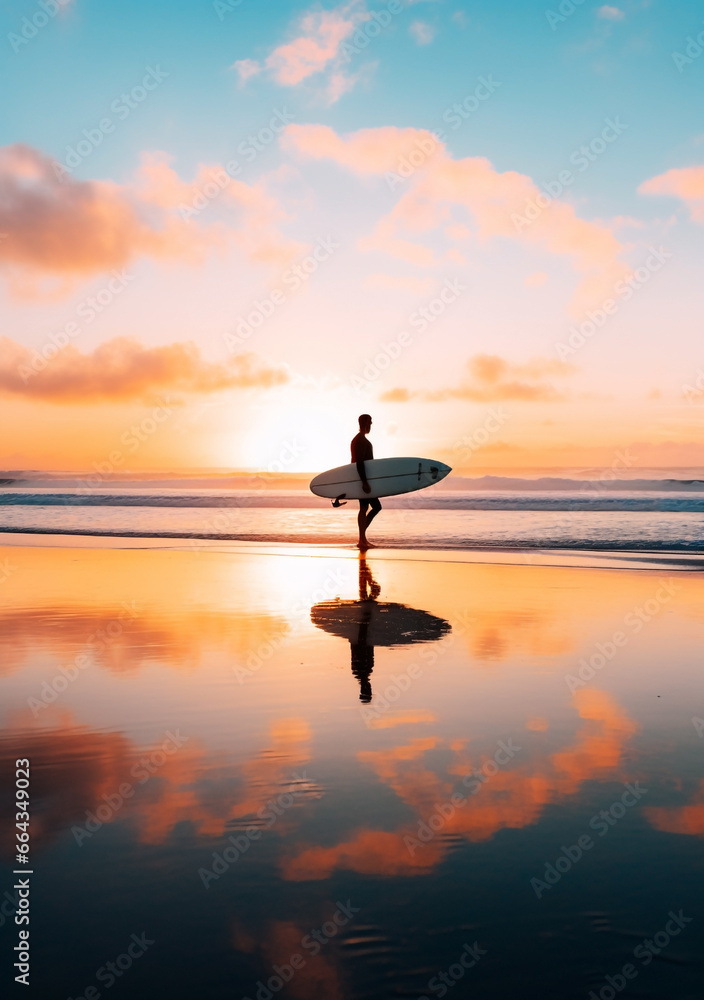 Peaceful Sunset Scene: Surfer, Reflective Wet Sand & Fluffy Clouds - Embodying Serenity & Nature's Embrace. Copy Space. Peaceful Sunset Scene: Surfer, Reflective Wet Sand & Fluffy Clouds - Embodying Serenity & Nature's Embrace. Copy Space.