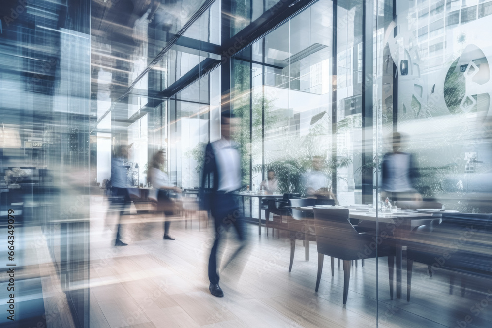 Office Space Commercial Background, Modern Interior, Blurred People Walking, Professional Workspace, Corporate Team, Daylight Setting, Business Environment, Lounge, Lobby, Generative AI.