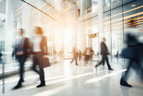 Office Space Commercial Background, Modern Interior, Blurred People Walking, Professional Workspace, Corporate Team, Daylight Setting, Business Environment, Lounge, Lobby, Generative AI.