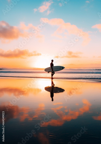 Peaceful Sunset Scene: Surfer, Reflective Wet Sand & Fluffy Clouds - Embodying Serenity & Nature's Embrace. Copy Space.