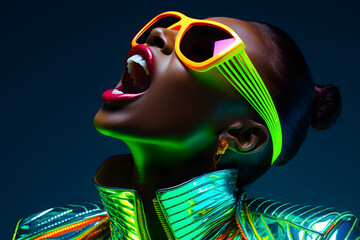 Portrait of  Fashion woman with neon costume and glasses in style of retro futurism, colorful bright cool look