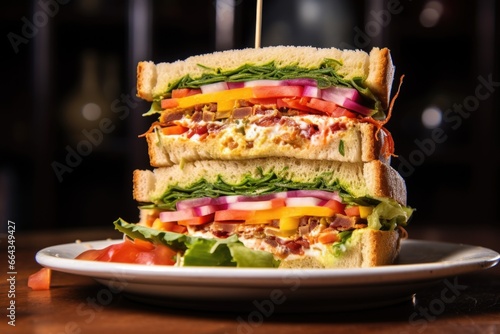 triple decker sandwich with various colorful fillings exposed