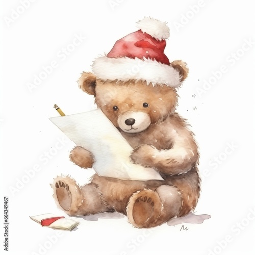 Watercolor teddy bear writing a letter to Santa Claus, white background. AI generated