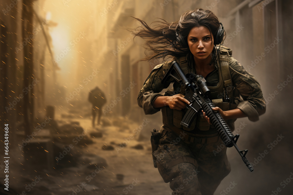 A woman soldier running through an alley, smokey background, blurred motion