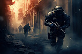 A soldiers running through an alley, blurred motion smokey background, dramatic lighting