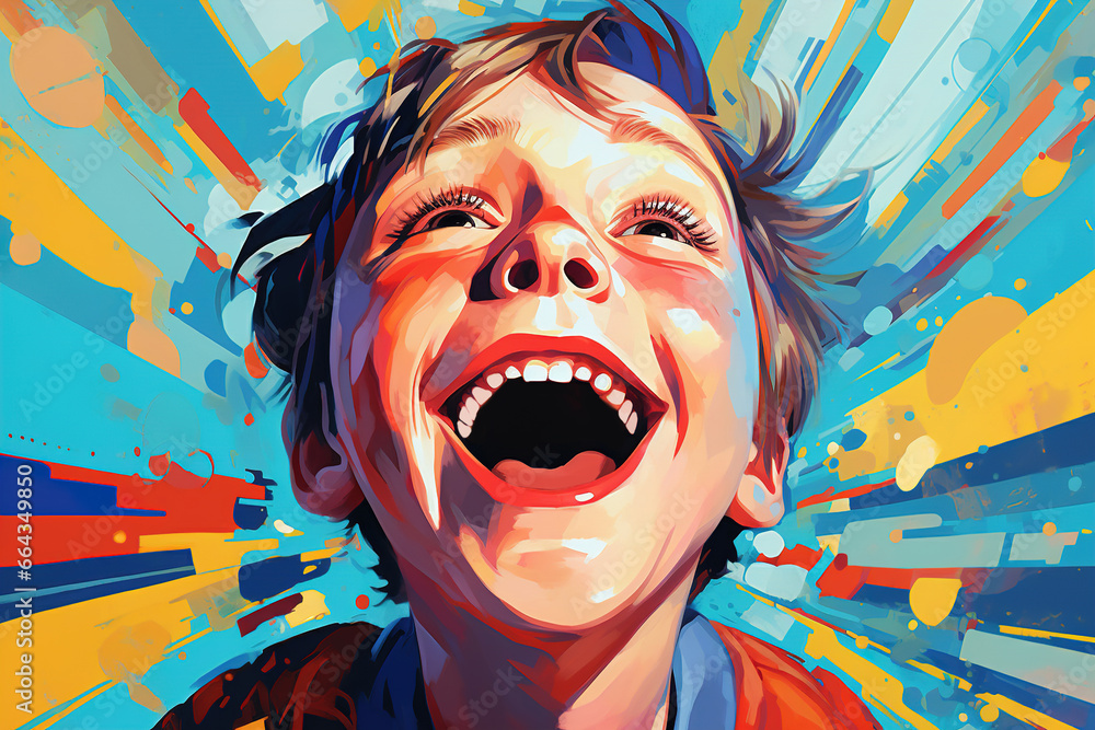 Childish joy, wow portrait. Positive laughing child boy on colorful background art illustration