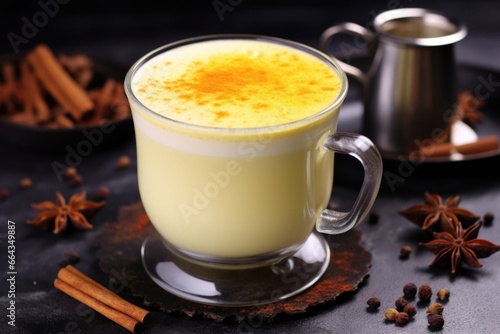 close-up of turmeric latte with star anise floating on foam