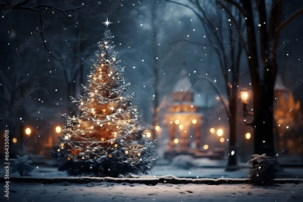 Fototapeta premium christmas tree decorations, santa claus with gifts, snowman in the snow, christmas gift boxes