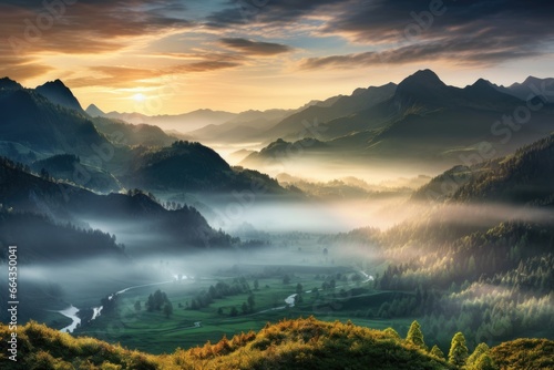 misty mountain landscape during sunrise © altitudevisual