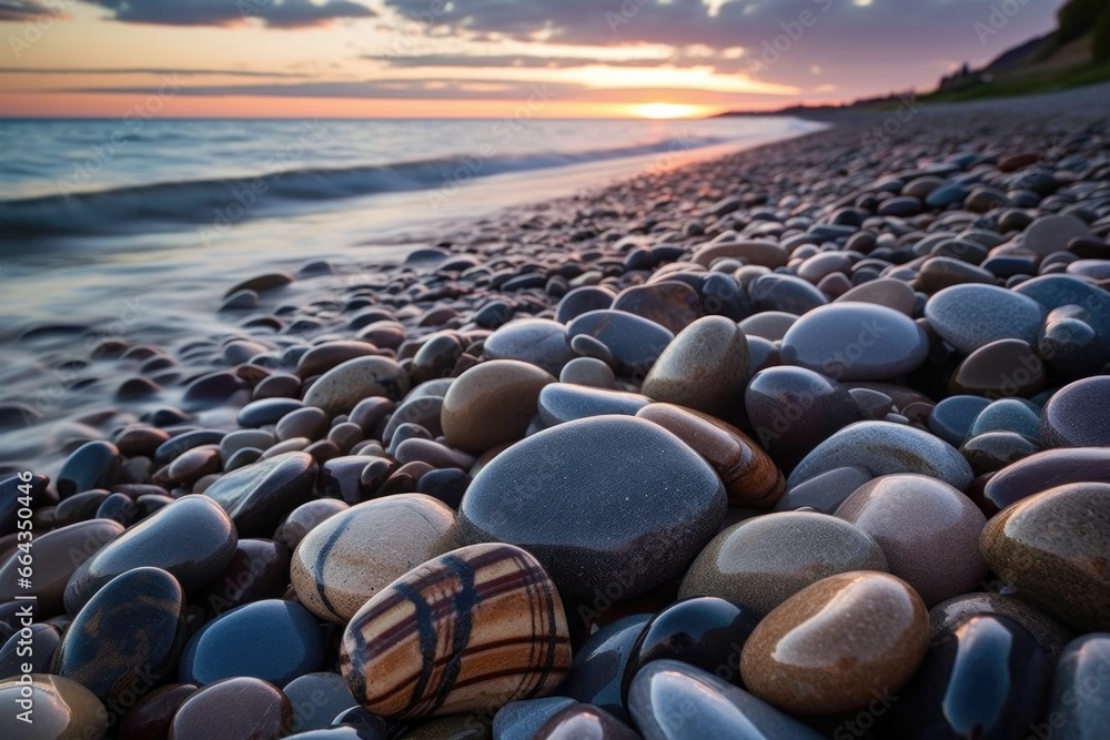 Fototapeta premium waves gently a pile of smooth, rounded stones on the beach