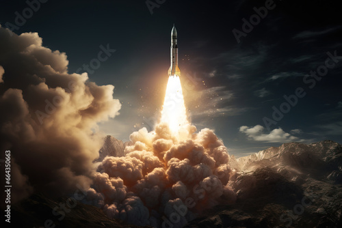Space rocket launch. Photoreal illustration generated by Ai