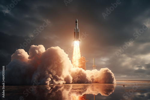 Space rocket launch. Photoreal illustration generated by Ai