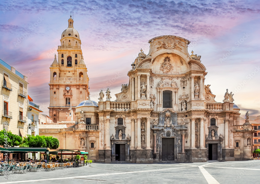 Cathedral of Saint Mary in center of Murcia at sunset, Spain