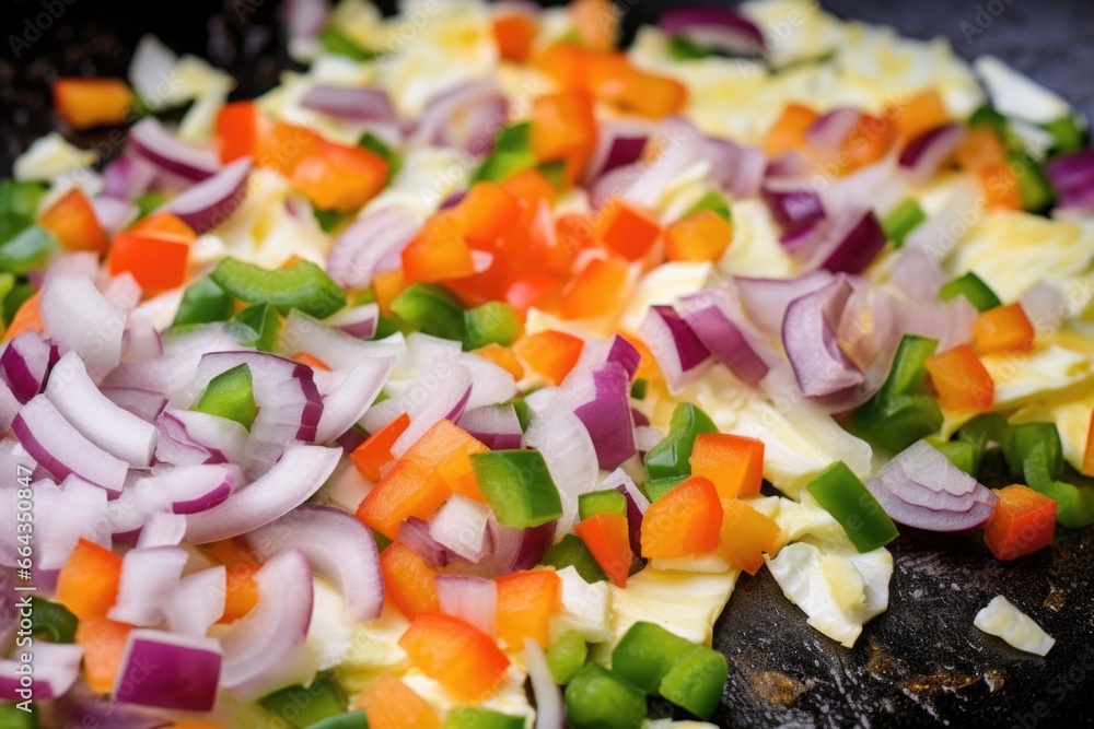 close-up of diced onions in a veggie omelette