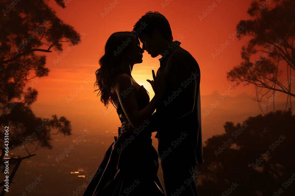 Silhouette of young kissing couple over sunset. AI generative