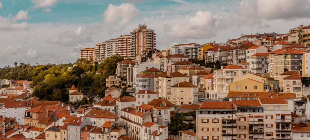 Panoramic view of historic houses in central Coimbra, Portugal 