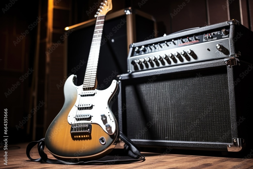 silver toned electric guitar next to an amplifier - obrazy, fototapety, plakaty 
