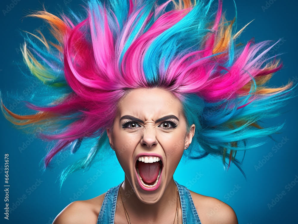Empowered Young Woman with Expressive and Wild Multicolored Hair Shouting in Anger Directly at the Camera Against a Blue Background