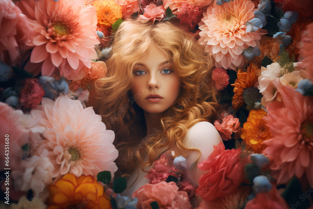 Surreal Fantasy: Attractive Blonde Young Woman Surrounded by Warm Orange and Pink Giant Flowers