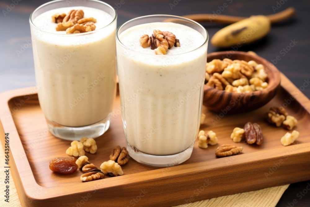 chilled banana walnut smoothie on a wooden tray chilled banana walnut smoothie on a wooden tray