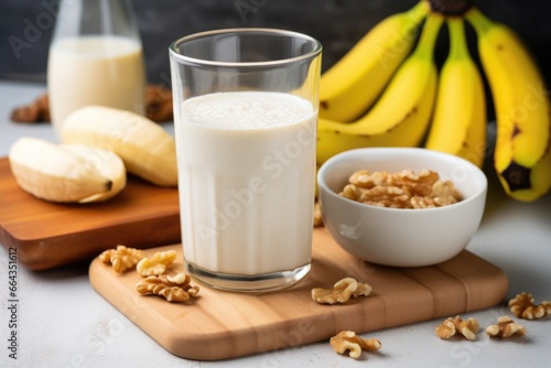 banana and walnut smoothie on a kitchen counter with scattered ingredients