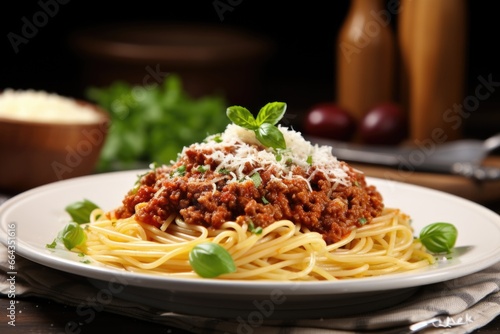 a plate of spaghetti bolognese with parmesan