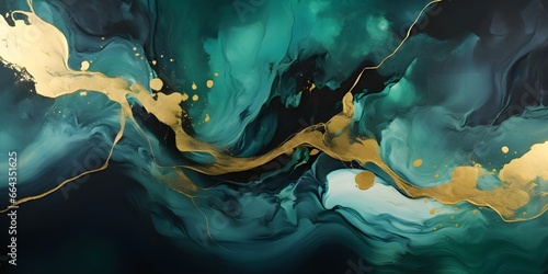 Abstract marble waves painting with crushed gold. Made in fluid art style. © toomi123
