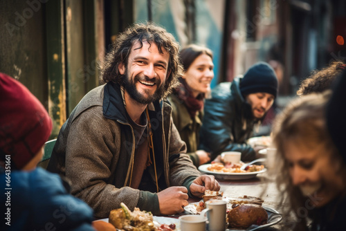Smiling Young Homeless Man Sharing a Meal with Others on the Street in Winter Attire