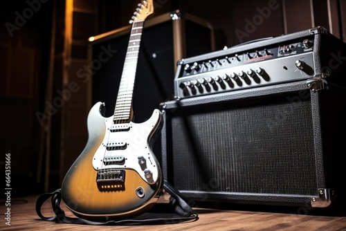 silver toned electric guitar next to an amplifier photo