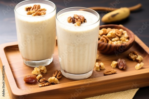 chilled banana walnut smoothie on a wooden tray