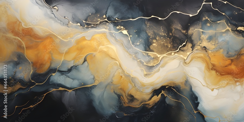 Abstract marble waves painting with crushed gold. Made in fluid art style.