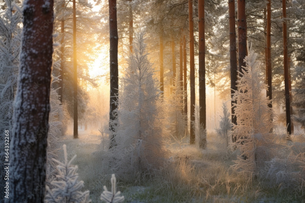 Fototapeta premium pine trees covered in morning frost