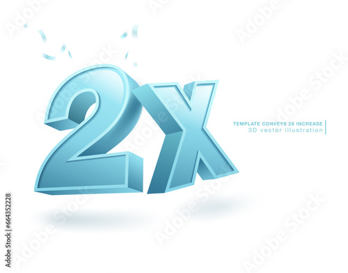 Blue number symbol 2x. 3D vector illustration template. Isolated on white background.