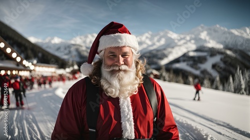 Santa Clause in an skiing piste smiling. Santa with red costume in an snowy mountain. AI Generative