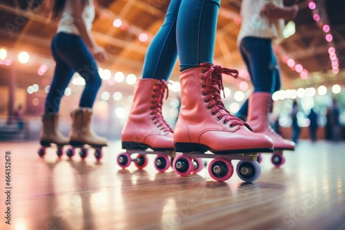 Group of teenagers at roller skating rink. Sport kid hobby activity. Generate Ai
