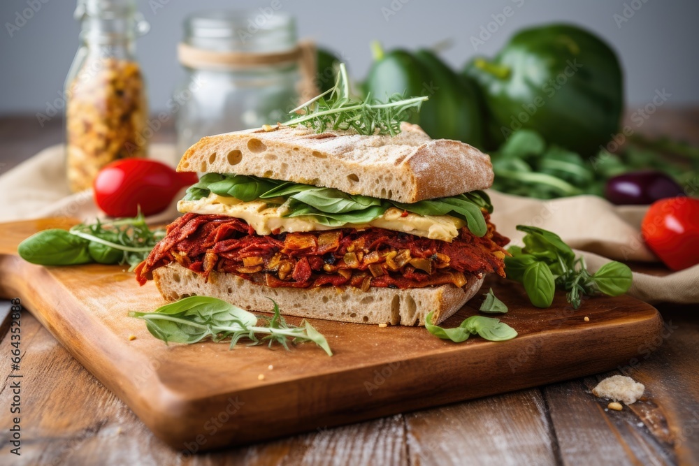 rustic sandwich with vegan cheese and sundried tomatoes - obrazy, fototapety, plakaty 