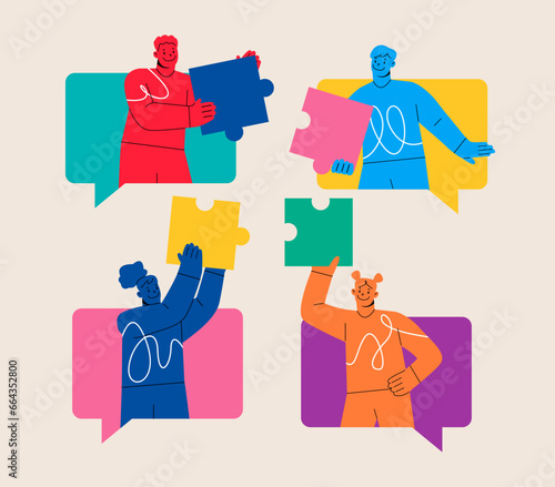 People team arrange puzzle together. Success collaboration teamwork concept. Colorful vector illustration
