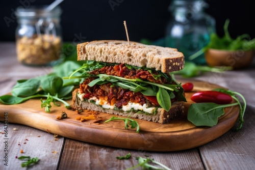 rustic sandwich with vegan cheese and sundried tomatoes