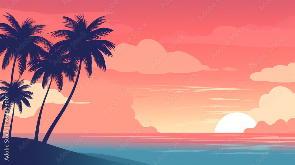 Abstract landscape 08 Beach sunset in summer Mountain Minimalist style, Flat design, vanilla sky