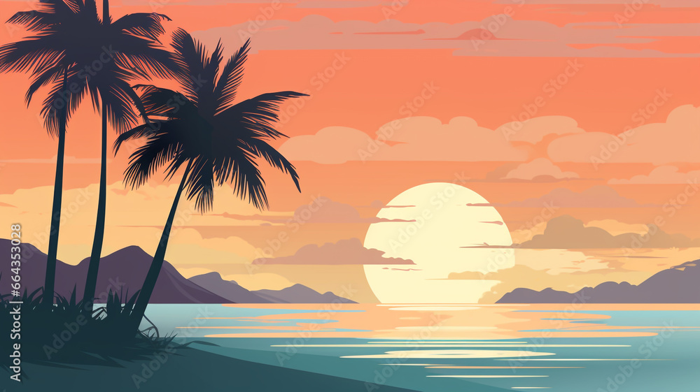 Abstract landscape 10 Beach sunset in summer Mountain Minimalist style, Flat design, vanilla sky