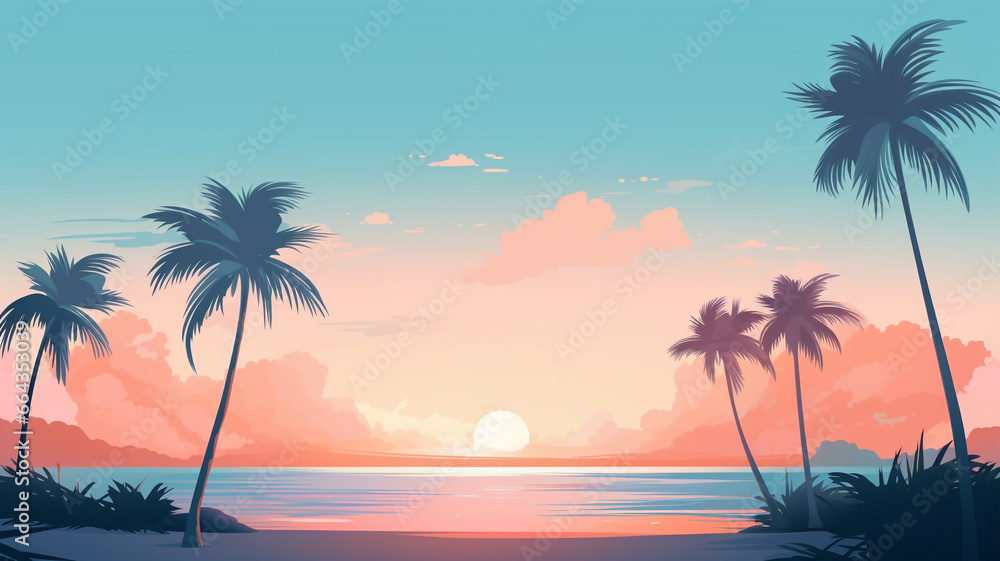 Abstract landscape 12 Beach sunset in summer Mountain Minimalist style, Flat design, vanilla sky